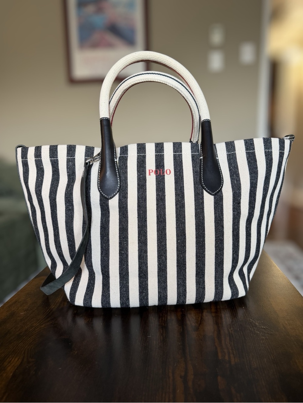 Polo by Ralph Lauren Black & White Striped Canvas Tote with Leather Trim - Picture 1 of 5